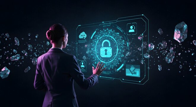 Businesswoman Interacting with Futuristic Digital Security Interface
