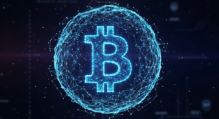 Dynamic glowing Bitcoin symbol within interconnected digital network sphere, futuristic finance concept