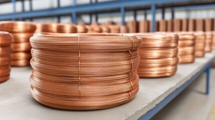 Copper wire coils arranged neatly in a warehouse, showcasing industrial storage and manufacturing processes, vibrant appearance and texture of copper