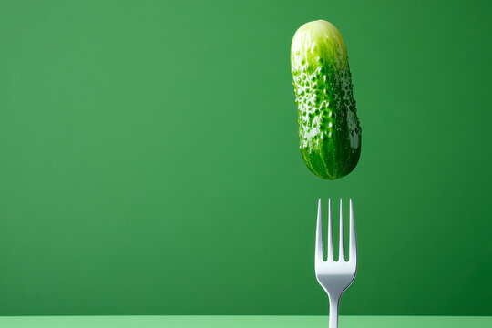 A floating cucumber is poised above a fork against a vibrant green background, creating a playful and surreal visual.