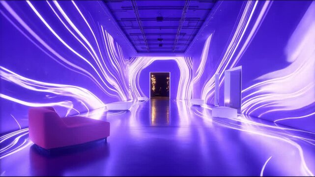 The walls and floor of a long modern hall are covered with abstract glowing purple patterns that smoothly shift, creating the effect of light flowing across the surfaces