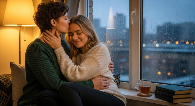 A couple embracing by a window with raindrops outside, enjoying a cup of tea.