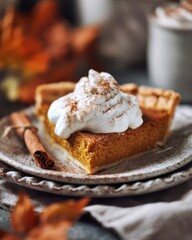 Rustic photo of pumpkin pie with creamy topping and spiced crust. Styled on ceramic plate with linen napkin, blurred autumn leaves in background