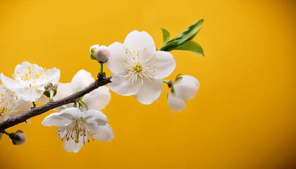 Fototapeta premium White Plum Cherry Blossoms On A Branch Against A Yellow Background Ai Generated