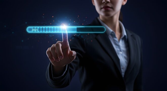 Businesswoman Touching Futuristic Progress Bar for Year 2025