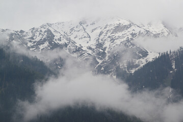 Obraz premium The Himalayas, shrouded in mist, create a beautiful view from Pahalgam, a place surrounded by lush pine forests in Jammu and Kashmir, India.