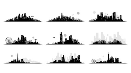 Fototapeta premium City skyline silhouette collection. Black silhouette set on white background.