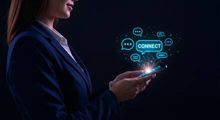 Businesswoman using smartphone with digital connect and chat bubbles overlay