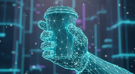 Futuristic digital hand holding steaming coffee cup, representing innovation and technology in modern business