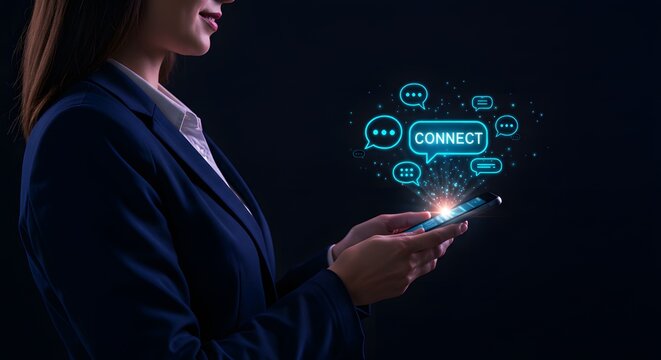 Businesswoman using smartphone with digital connect and chat bubbles overlay
