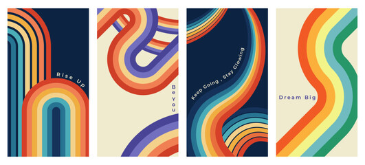 Colorful retro striped design in 1970s style. Abstract geometric rainbow vector backgrounds with curvy lines. Vintage minimalistic covers for fashion, artwork, packaging and wall prints.