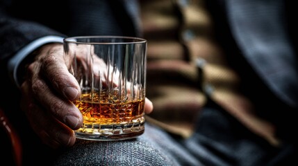 A cinematic noir inspired portrait of a man holding a whiskey glass, immersed in dramatic lighting and shadows, evoking timeless elegance and mystery.