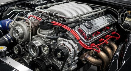 Fototapeta premium A car engine with red and black pipes and hoses, showing the intricate details of a high-performance engine.