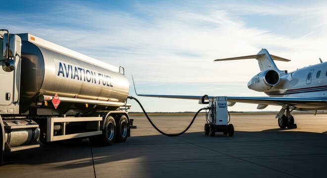 A silver fuel tanker truck with the word 'AVIATION FUEL' on its side is connected to a private jet on an airport tarmac.