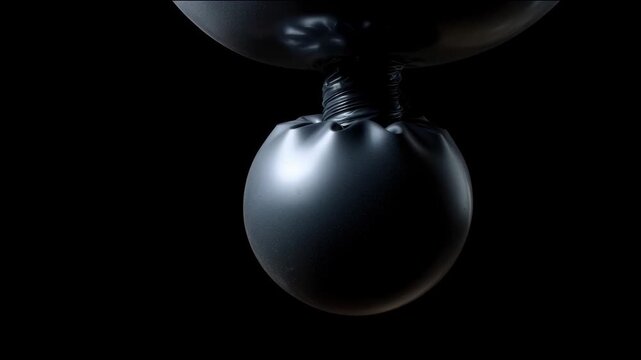 A black balloon is squeezed in the middle, creating a bulging lower section that looks like it is about to pop, set against a black background