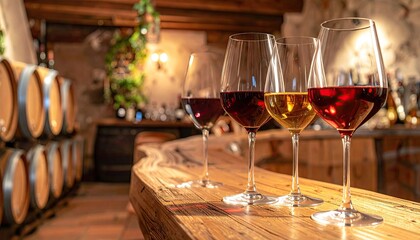 Wine Tasting in Rustic Cellar: Red and White Wine Glasses on Wooden Counter