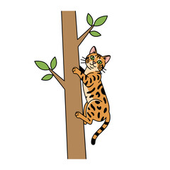 Cartoon bengal cat climbing a tree with green leaves  