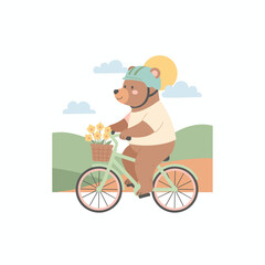 Cartoon bear riding a bicycle with flowers in basket outdoors  