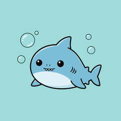 Cute cartoon baby shark swimming with bubbles in a blue underwater scene  