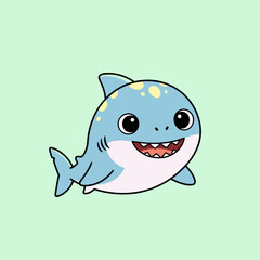 Cartoon baby shark character smiling on a light green background  