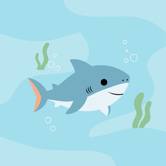 Cartoon baby shark swimming in blue water with seaweed and bubbles  
