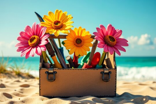 Flower-Filled Toolbox on Sunny Beach