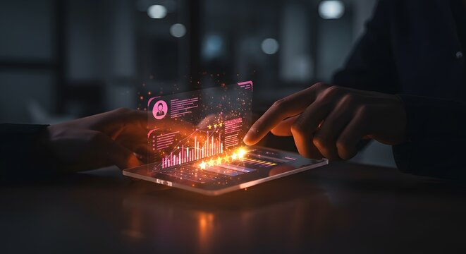 Customer Feedback Analysis: Person Interacting with Futuristic Digital Interface Displaying Ratings and Charts - Powered by Adobe