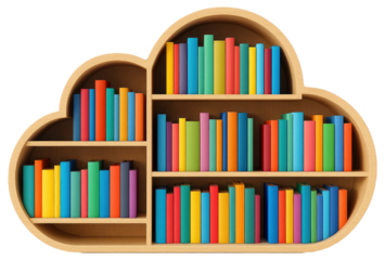 Cloud shaped bookshelf with diverse colorful books on white background reading library isolated on a transparent background