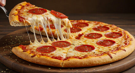 A slice of pizza being lifted from a cheesy whole pizza