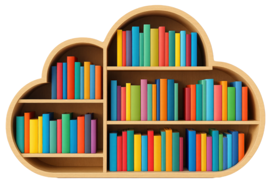 Cloud shaped bookshelf with diverse colorful books on white background reading library isolated on a transparent background - Powered by Adobe