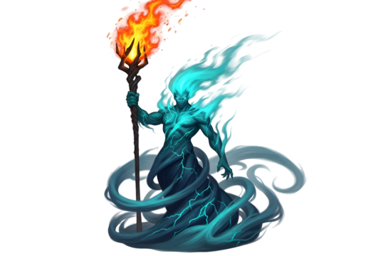 A stylized depiction of a mystical figure, wielding a staff of fire and enveloped in swirling turquoise and blue energy, against a stark black backdrop.