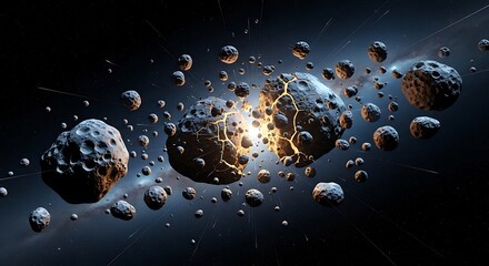 A celestial collision, showcasing shattered space rocks in a vast cosmic expanse.
