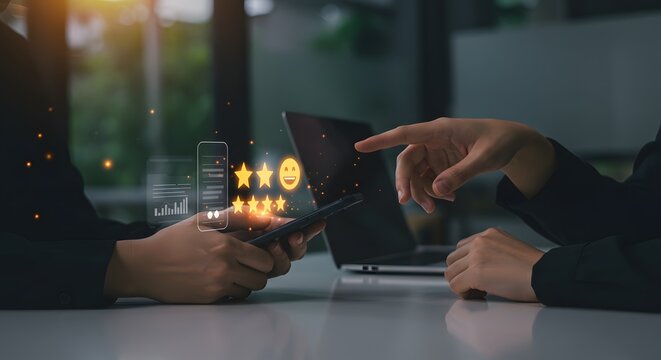 Customer feedback and star rating on smartphone with glowing icons, business concept