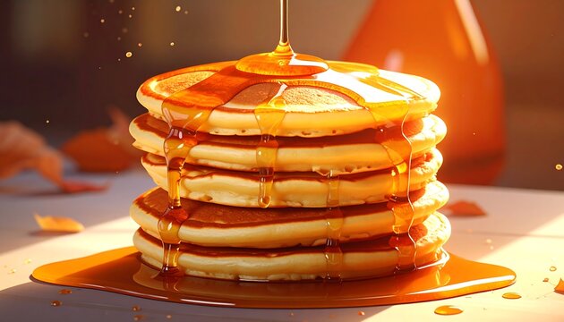 Stack of pancakes drizzled with honey