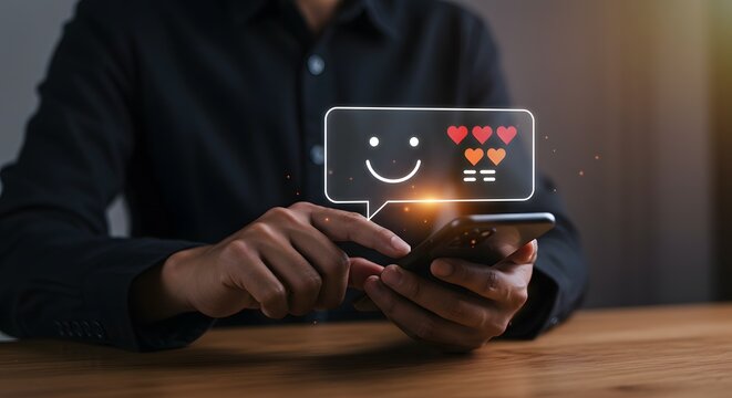 Customer feedback on smartphone: happy face and hearts rating