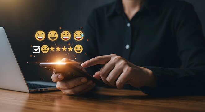 Customer feedback on smartphone: rating, reviews, and satisfaction icons