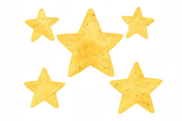 Yellow watercolor stars creating a decorative design with a transparent background, hand drawn celestial motif