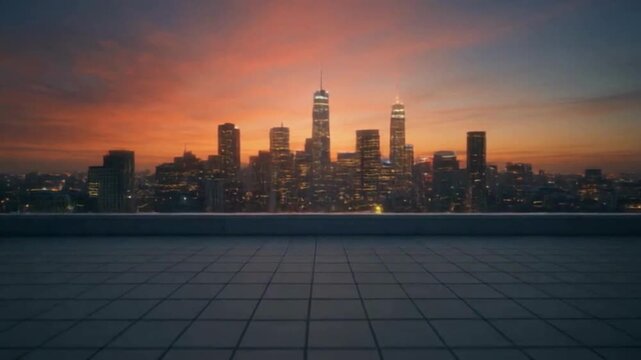 Cinematic aerial push-in from rooftop foreground to glowing sunset skyline &mdash; urban establishing B-roll