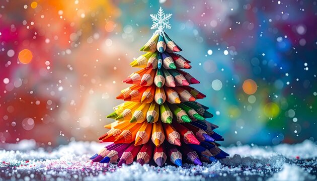 Colorful pencil christmas tree with snowflake on top and festive background for a creative holiday season and new year celebration shape
