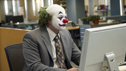 Sad Clown in Office Cubicle Working on Computer, Feeling Lonely and Disenfranchised