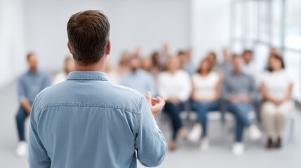 Engaging Speaker Addressing Audience in Modern Conference Room with Bright Natural Light and Professional Atmosphere of Collaboration and Inspiration