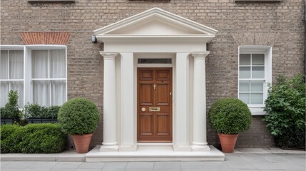 Elegant entrance featuring classic architecture with decorative columns, wooden door, and lush greenery in residential neighborhood setting
