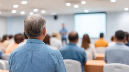 Fototapeta premium Focused Senior Attendee Observing Presentation in Conference Room during Business Workshop with Engaged Audience in Background