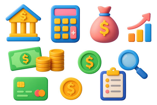 Collection of 3D cartoon financial icons including bank, calculator, money bag, credit card, coins, and graph isolated on a transparent background