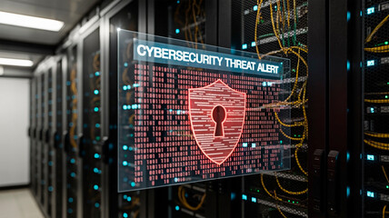 Cybersecurity Threat Alert in a Data Center.