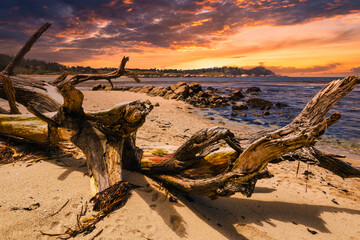 Sunset at Carmel Meadows Trail beach in Carmel, California. Driftwood logs rest on golden sand with ocean waves and rocky shoreline, under vibrant orange and red skies along Highway 1. Scenic coastal