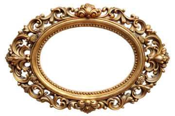 Ornate antique gold oval picture frame with intricate carvings isolated on a transparent background