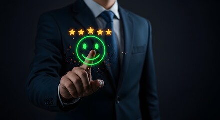 Customer satisfaction concept: Hand touching a 5-star rating and smiley face icon