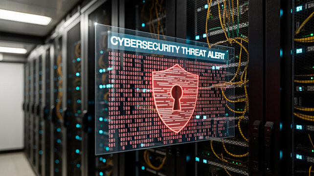Cybersecurity Threat Alert in a Data Center. 