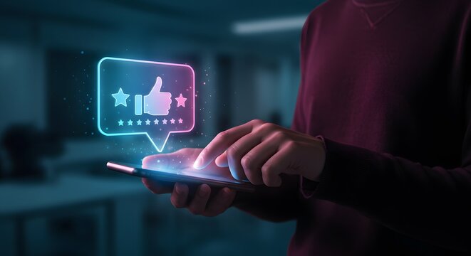 Customer satisfaction concept: Person using smartphone with glowing rating icons and thumbs up - Powered by Adobe